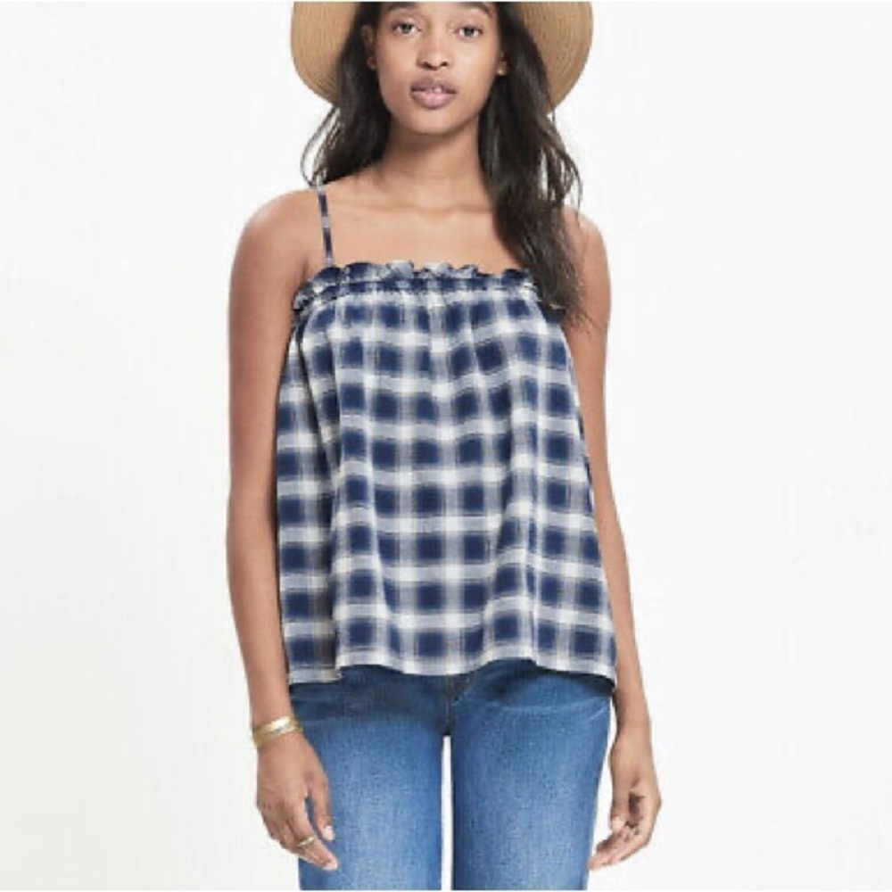 Madewell Blue Plaid 100% Cotton Spaghetti Adjustable Strap Tank Top Size XS - Picture 2 of 7